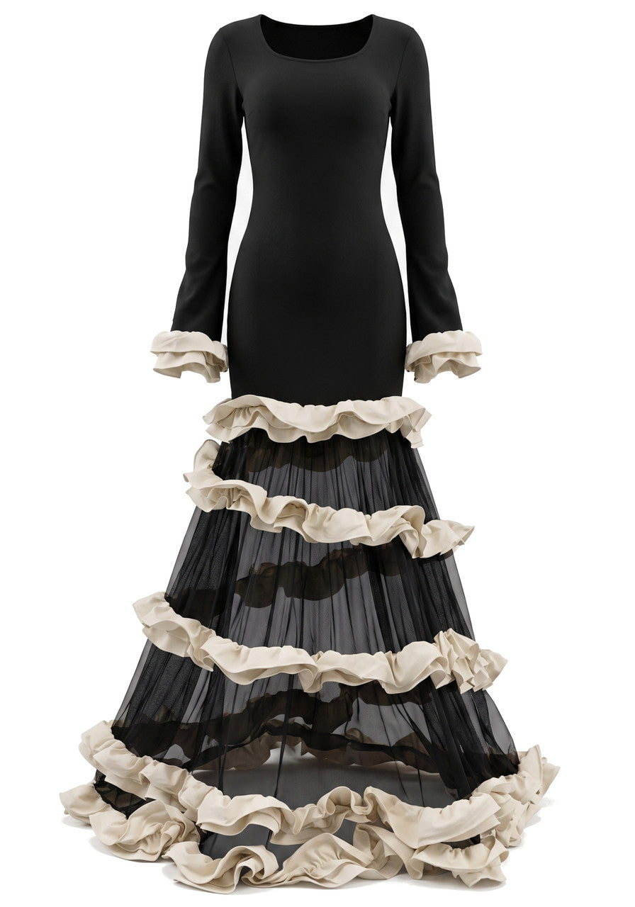 Long Sleeve Ruffle Mesh A Line Maxi Dress Black