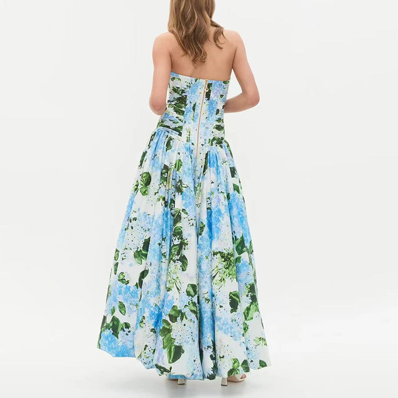 Fresh Printed Sleeveless Tube Top Tight Waist Slimming Slit Maxi Dress