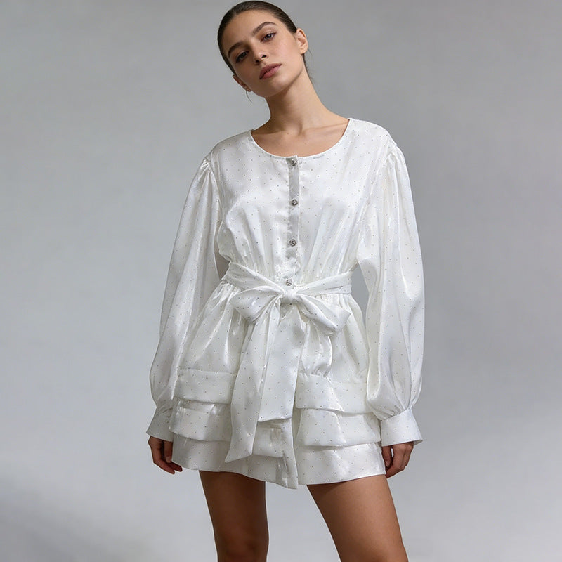 Classic round Neck Puff Sleeve Lace up Waist A Line Short Dress