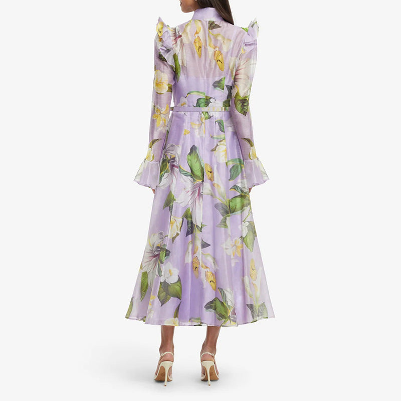 French Stand Collar Single Breasted Belt Ruffled Flared Sleeve Dress