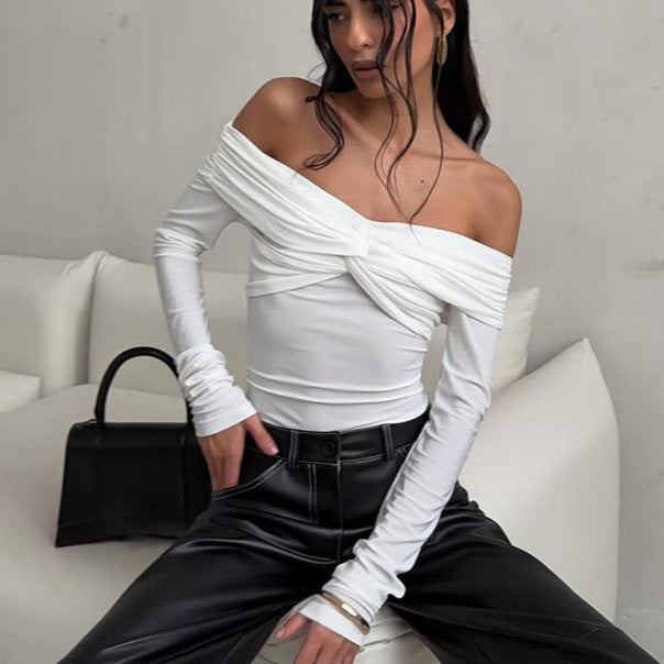 Twisted Collar Long Sleeve T shirt Solid Color Slim Bottoming
