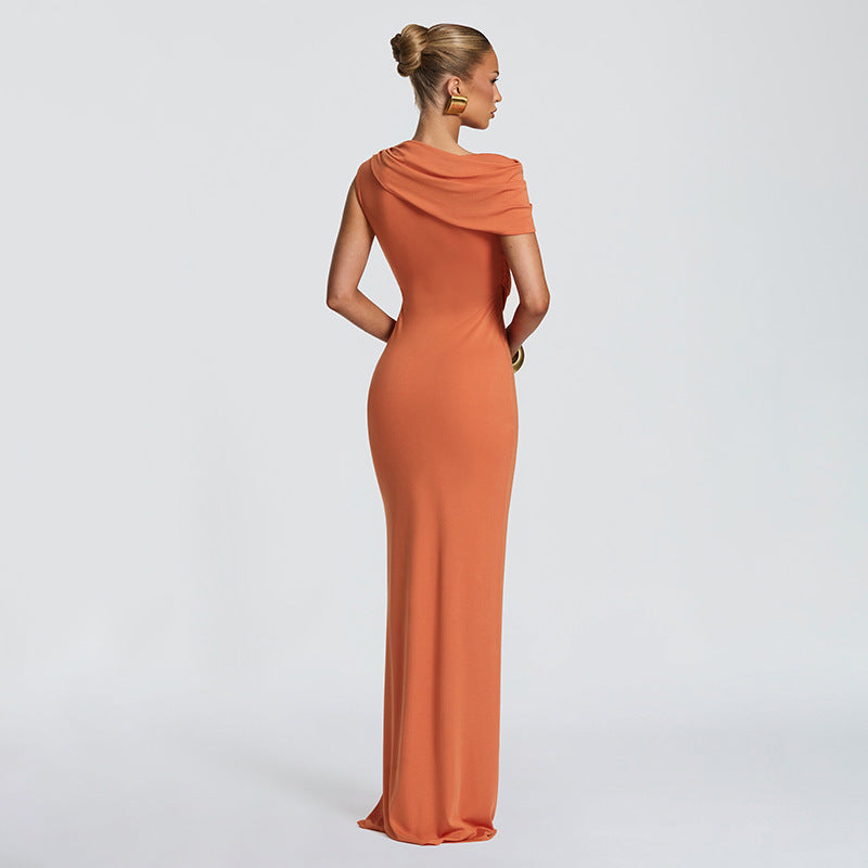 One Shoulder Short Sleeve Lace Up Hollow Out Cutout Out Slim Fit Maxi Dress