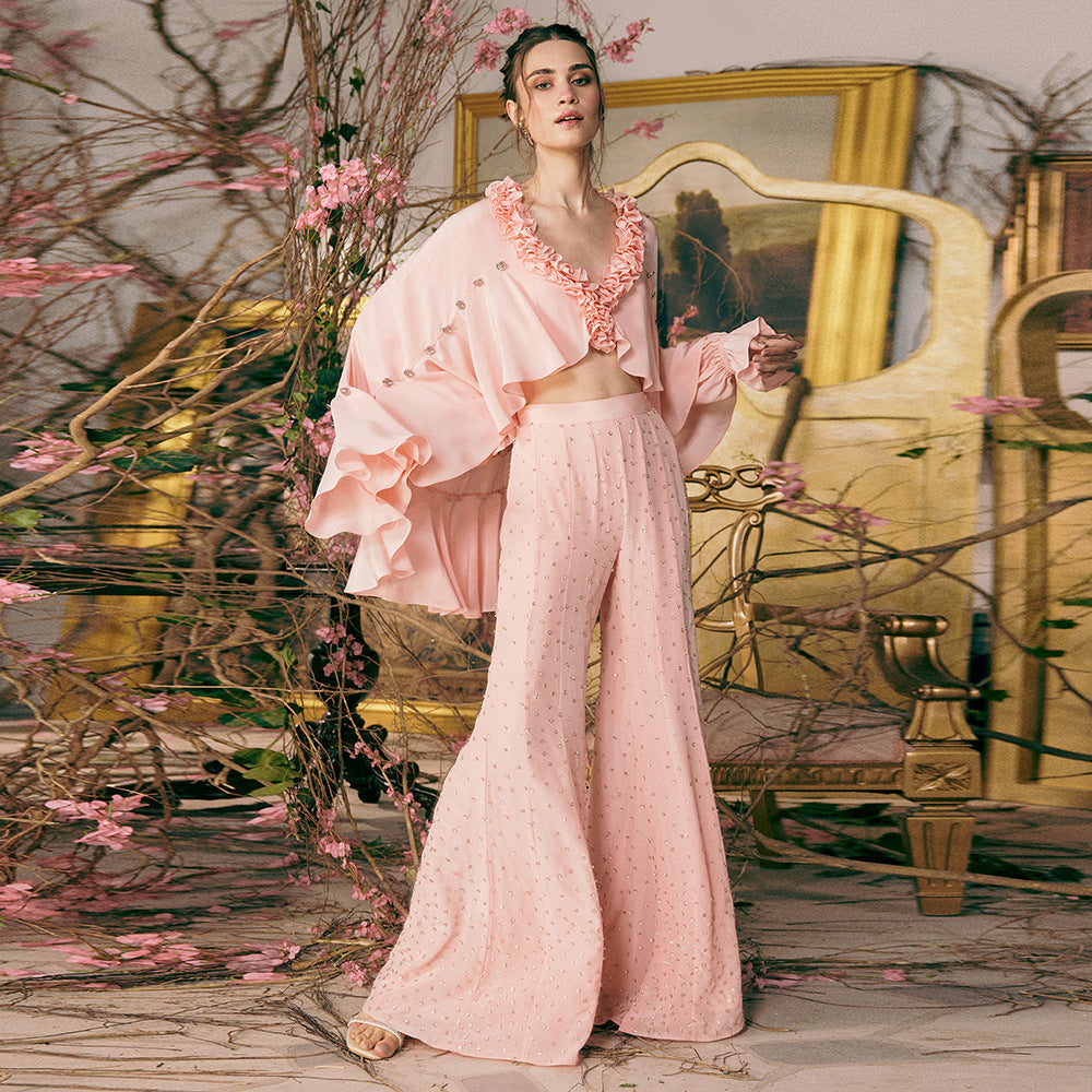Summer Wooden Ear Chiffon Shirt Cape Top Rhinestone Trousers