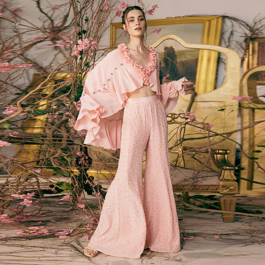 Summer Wooden Ear Chiffon Shirt Cape Top Rhinestone Trousers