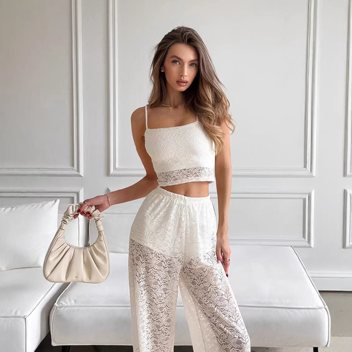 Lace Short Cropped Top High Waist Wide Leg Pants Two Piece Set