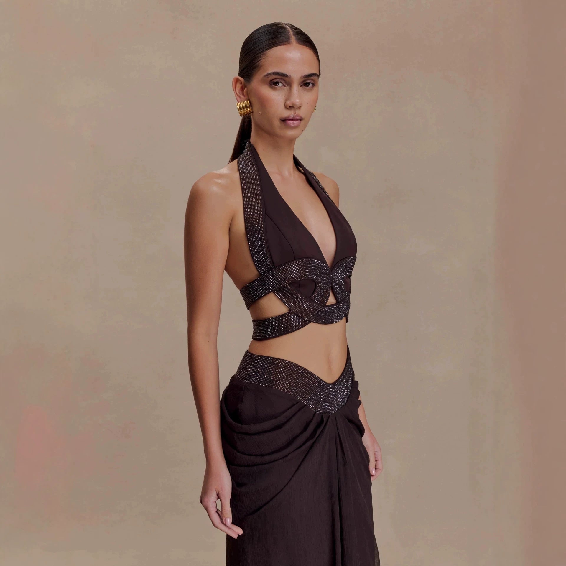 Black Halter Cropped Outfit Pleated Floor Length Dress
