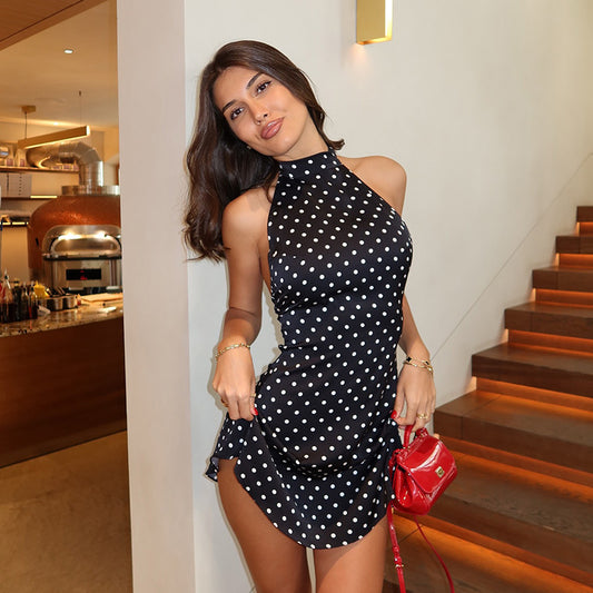 Halter Backless Slim Fit Polka Dot Printed Sexy Sexy A line Dress