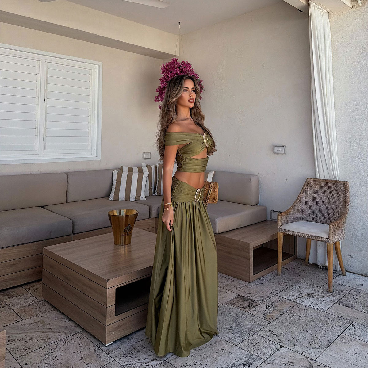 Solid Color Tube Top Sexy off the Shoulder Split Swimsuit Bikini Skirt Set