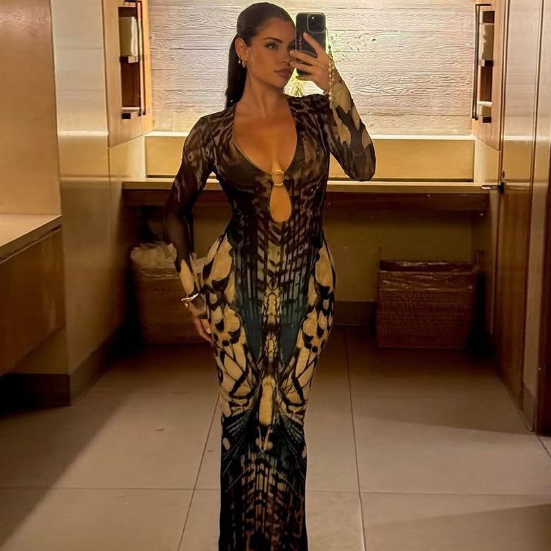 Buckle Sexy Sheath Low Collar Long Sleeves Back Slit Dress