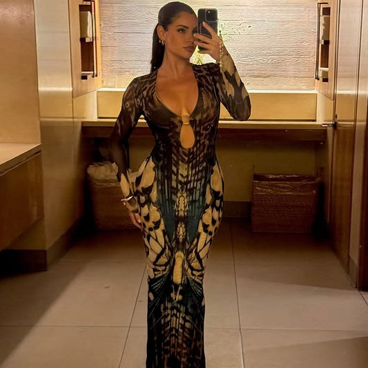 Buckle Sexy Sheath Low Collar Long Sleeves Back Slit Dress
