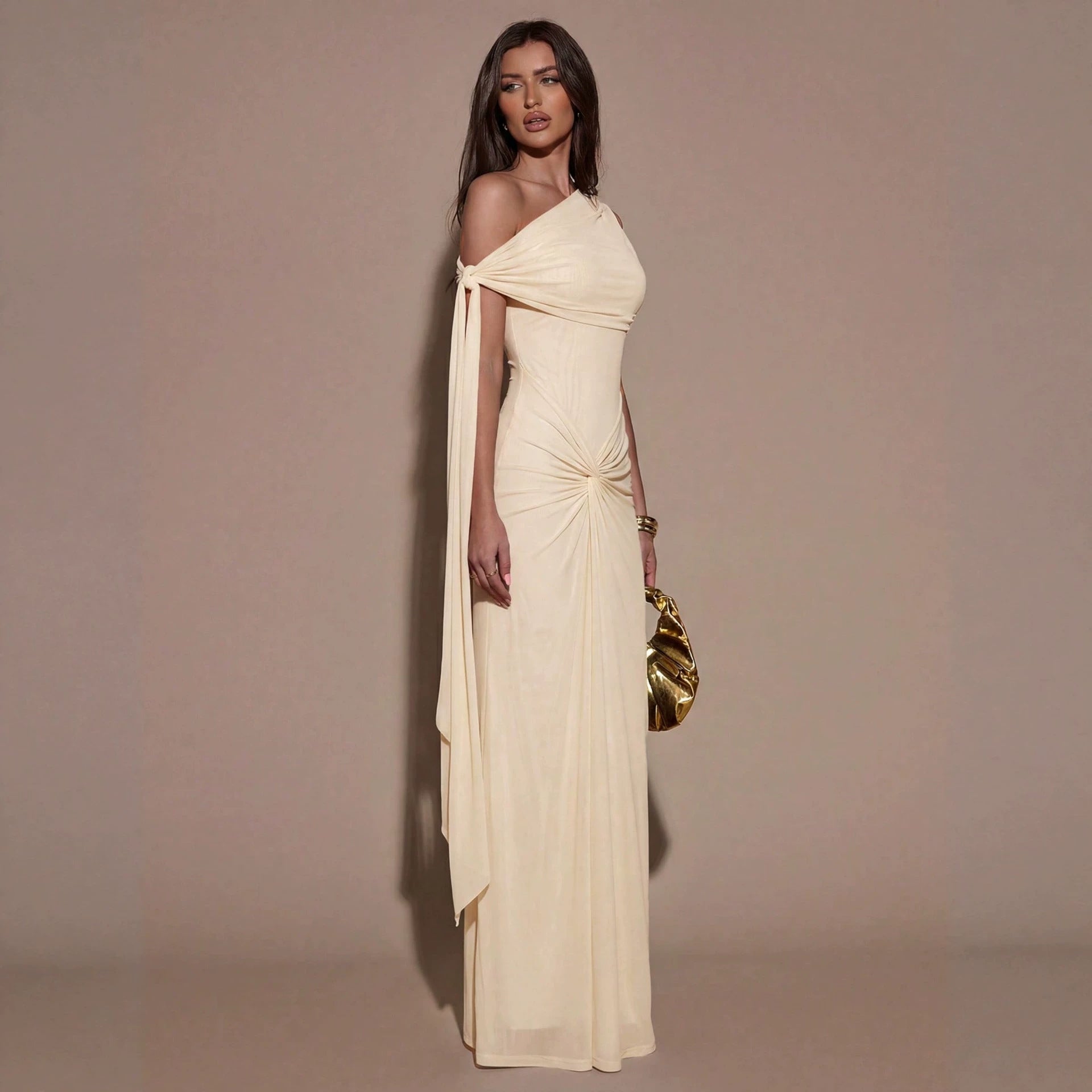 Shoulder Irregular Asymmetric Maxi Dress Pleated Slim Summer Dress