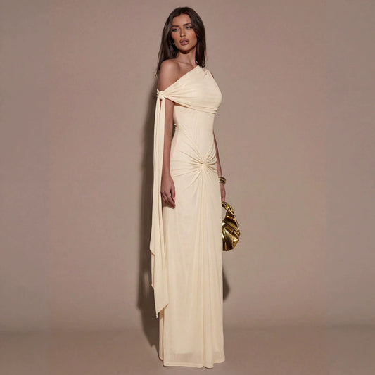 Shoulder Irregular Asymmetric Maxi Dress Pleated Slim Summer Dress