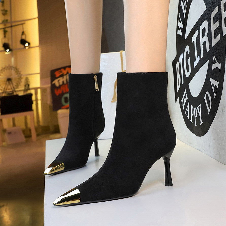 Stiletto Heel Boots Black Suede Metal Small Sharp