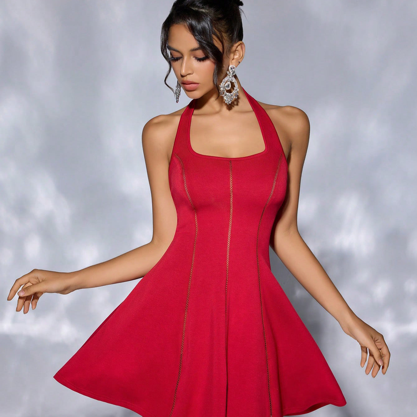Halter Lace up Tube Top Hollow Out Cutout out Stitching Cinched Short Dress Backless Tuxedo Dress