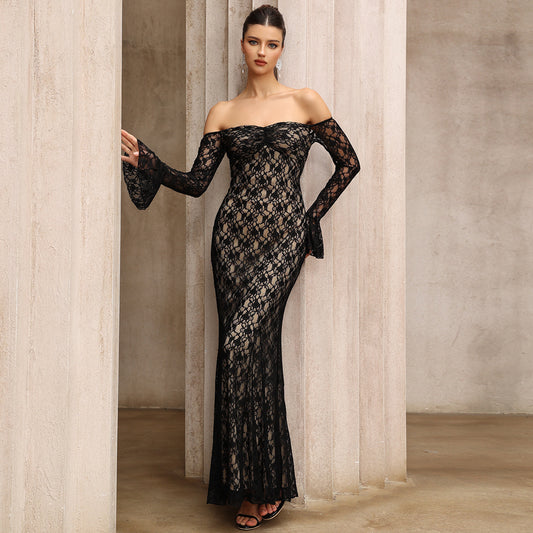 off Shoulder Lace Slim Fit Slimming Long Sleeves Dress Mid Length Dress
