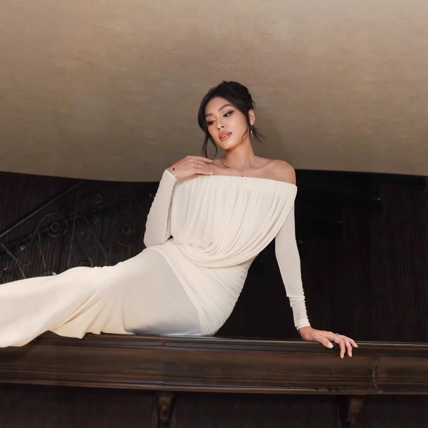 Spring Summer Vietnam Niche Maillard off Shoulder Shoulder Baring Mesh Dress Elegant Birthday Dress