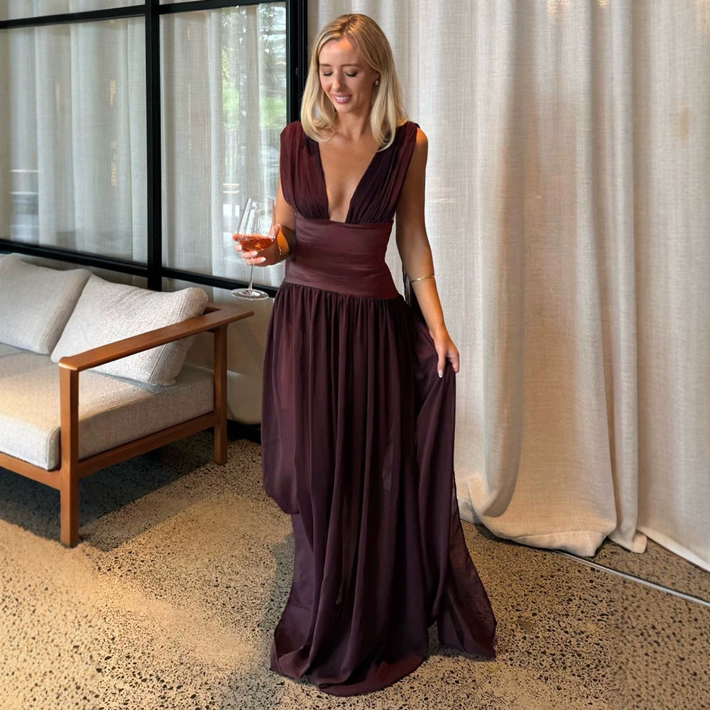 Wine Red Dress Women Summer Sleeveless Deep V Plunge Fitted High Waist Drape Chiffon Dinner Dress