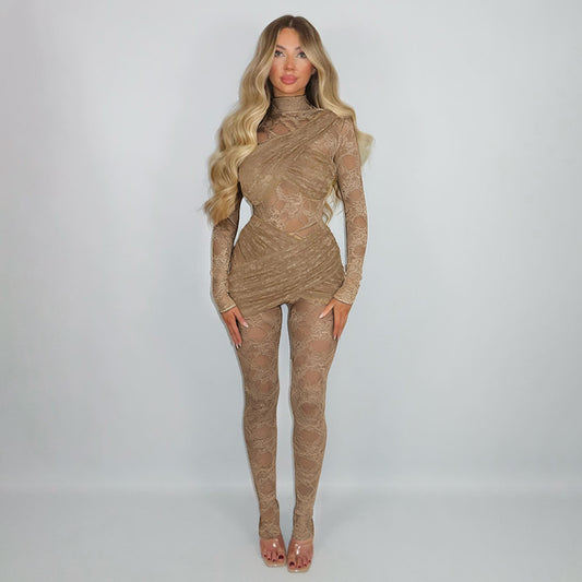 Patchwork See through Sexy Lace Long Sleeve round Neck Tight