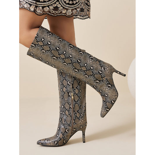 Straight Stiletto Snake Pattern Pointed Toe Side Zip