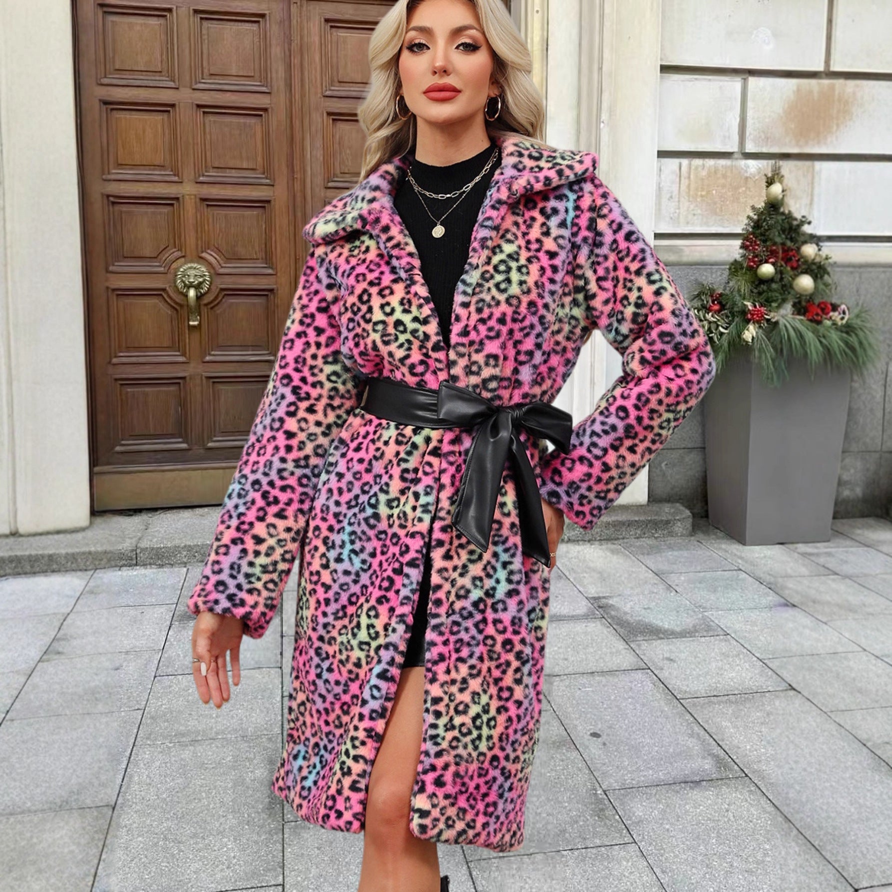 Leopard Print Color Faux Fur Turn Down Collar Coat