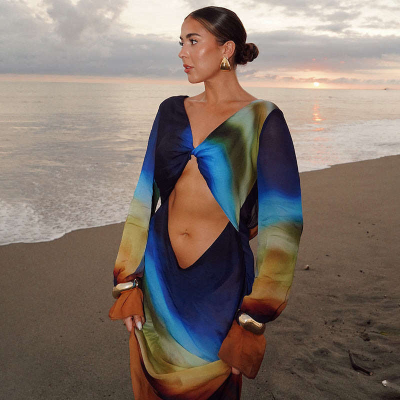 Printed Mesh Long Sleeve Bare Back Tied Slim Fit Dress
