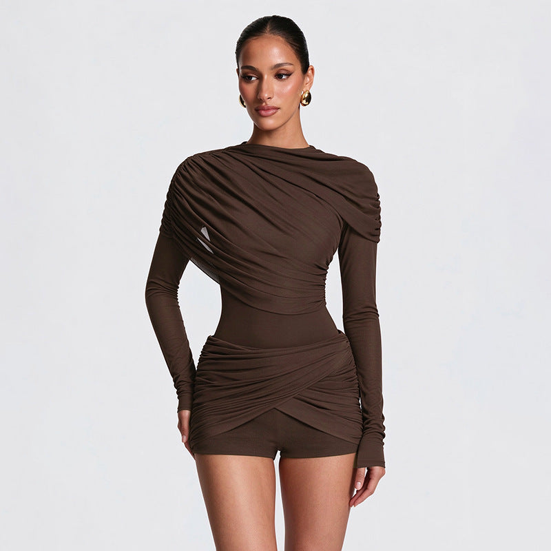 Solid Color Casual Round Neck Long Sleeve Slim Pleated