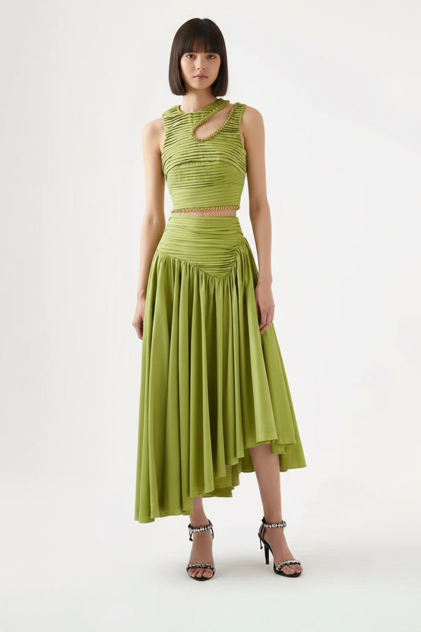 Wrapped Chest Back Back Strap Buckle Shirt Pleated Cropped Outfit Skirt set