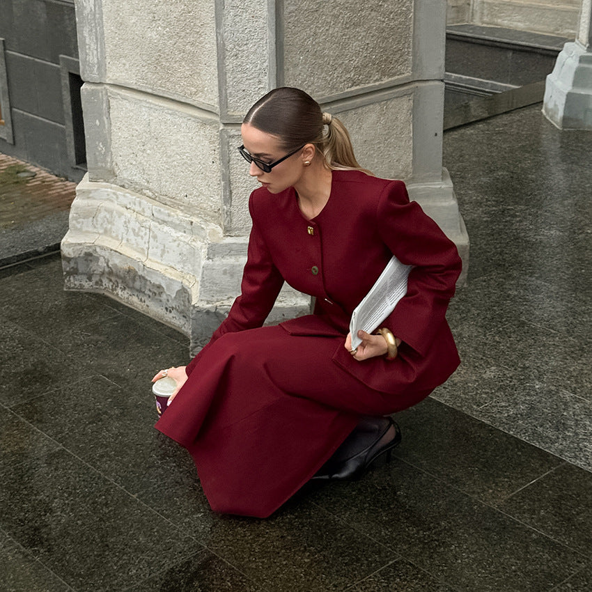 Red round Neck Long Sleeve Waist Blazer Split Skirt Two Piece Set