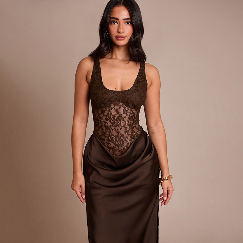 Winter Sexy Sleeveless Vest Lace Stitching Side Slit Dress
