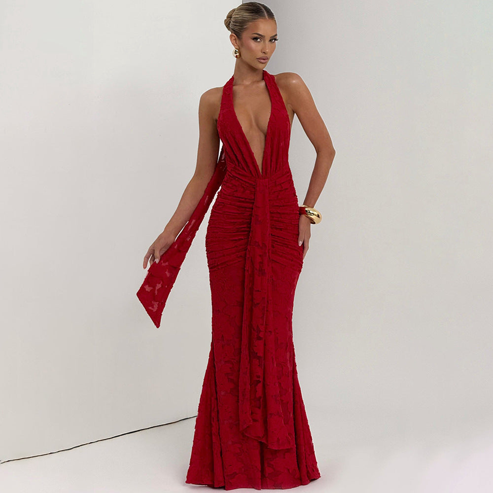 Backless Lace Pleated Maxi Dress