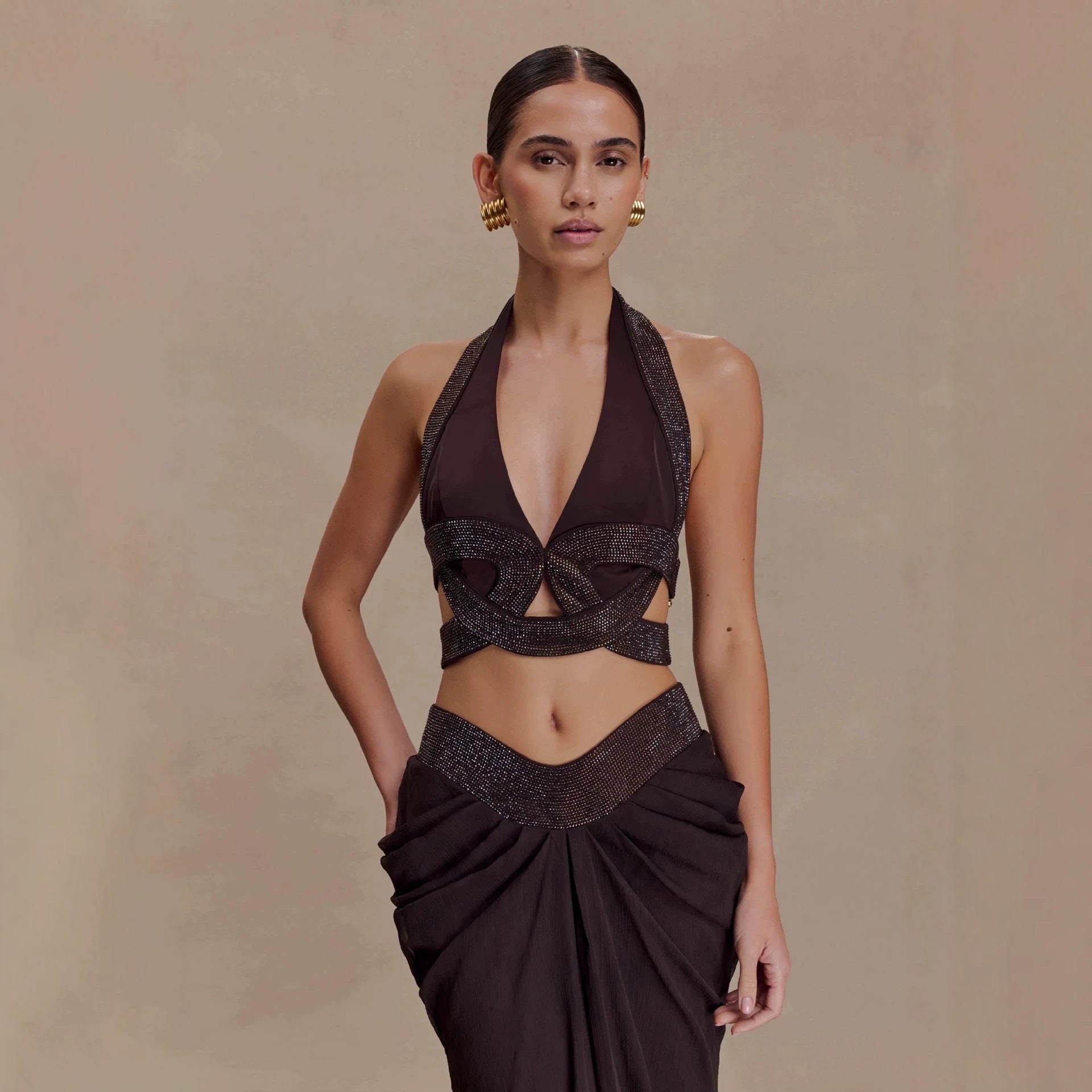 Black Halter Cropped Outfit Pleated Floor Length Dress