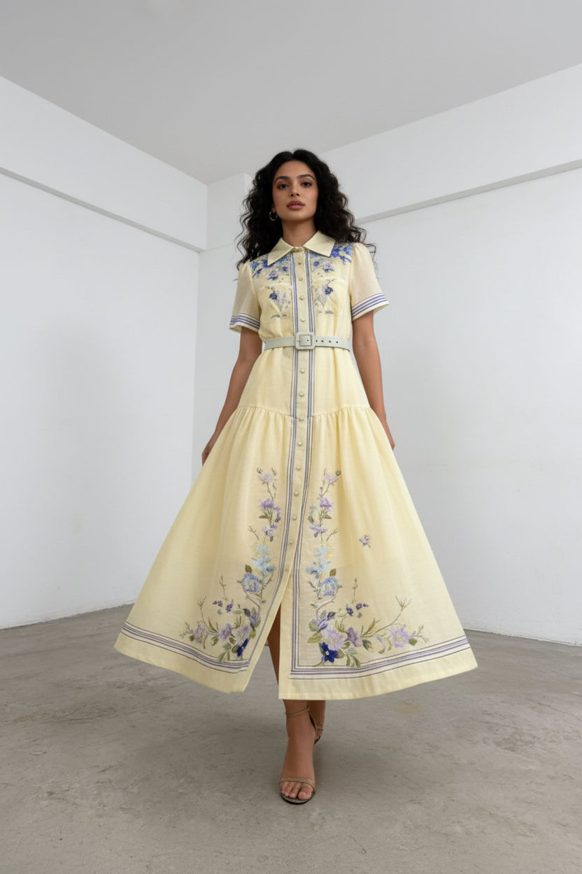 Royal Collared Single Breasted Maxi  Vintage Print Lace up Waist Dress