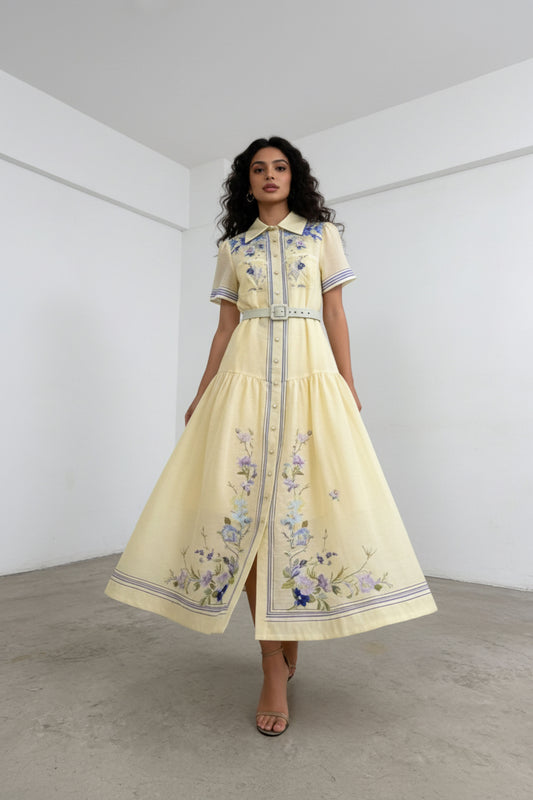 Royal Collared Single Breasted Maxi  Vintage Print Lace up Waist Dress
