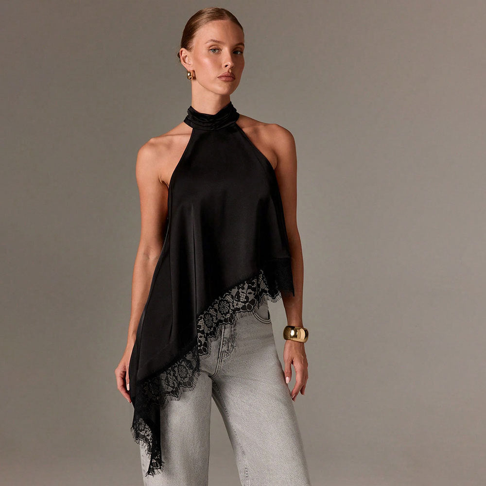 Satin Stitching Lace Vest Halter Sleeveless Small Stand Collar off Shoulder Irregular Asymmetric Top
