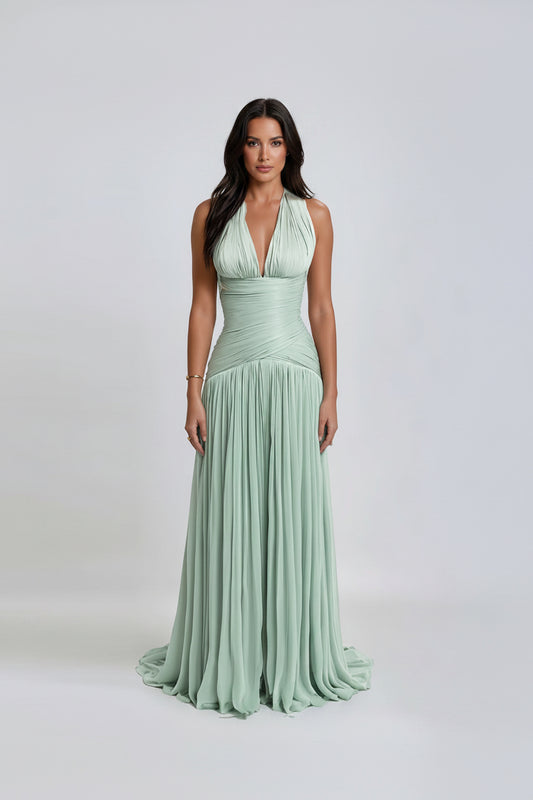 Deep V Plunge Halter Cinched Pleated Waist Slimming Dress