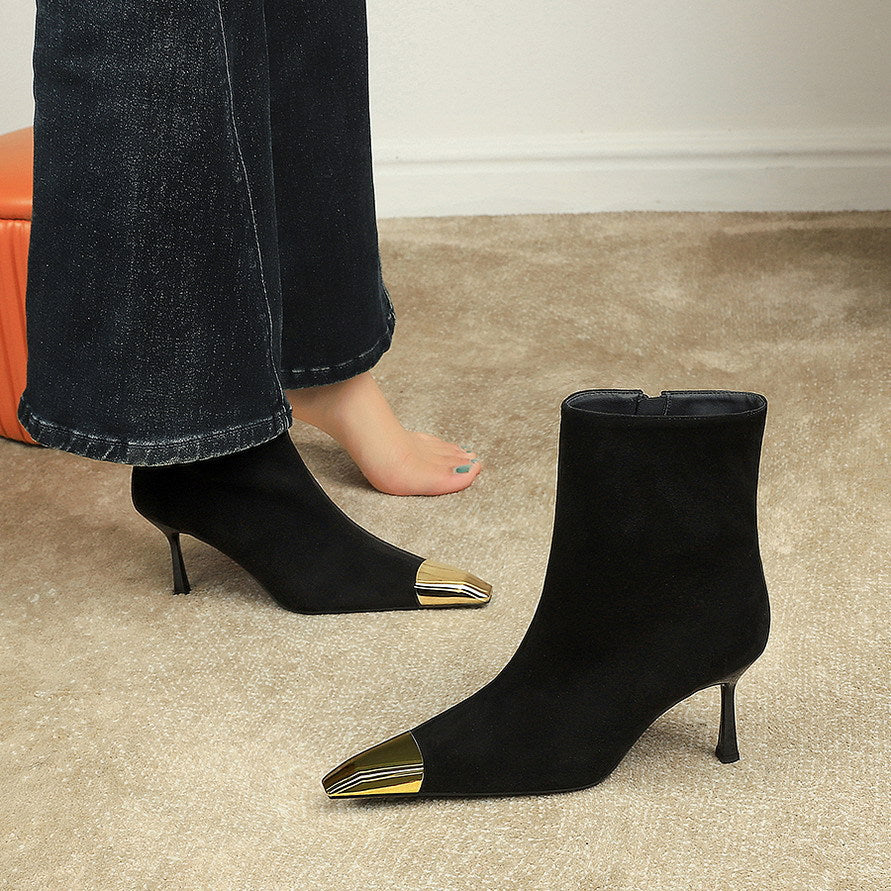 Stiletto Heel Boots Black Suede Metal Small Sharp