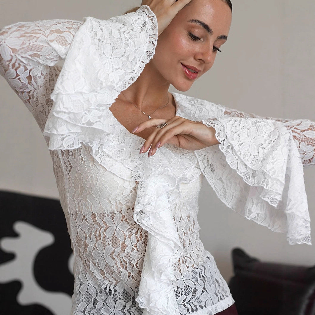 Lace Knitted Sheer Cutout Long Sleeved T shirt Top