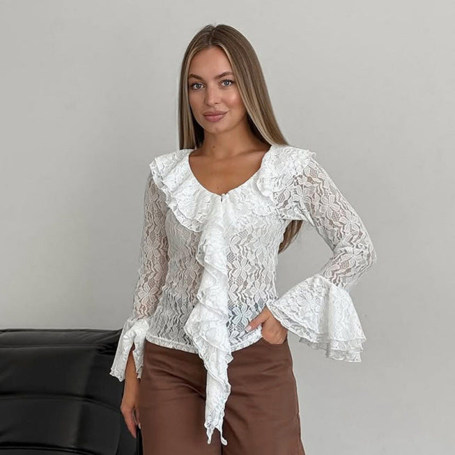 Lace Knitted Sheer Cutout Long Sleeved T shirt Top