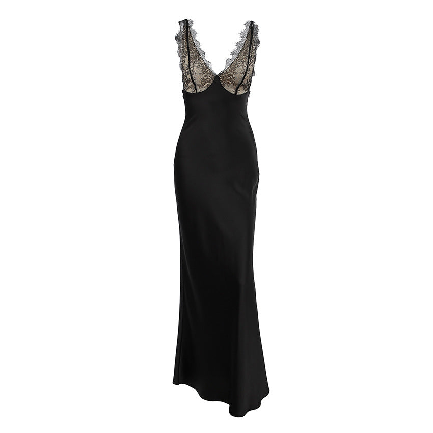 V neck Lace Stitching Satin Dress Slim Fit Maxi Dress