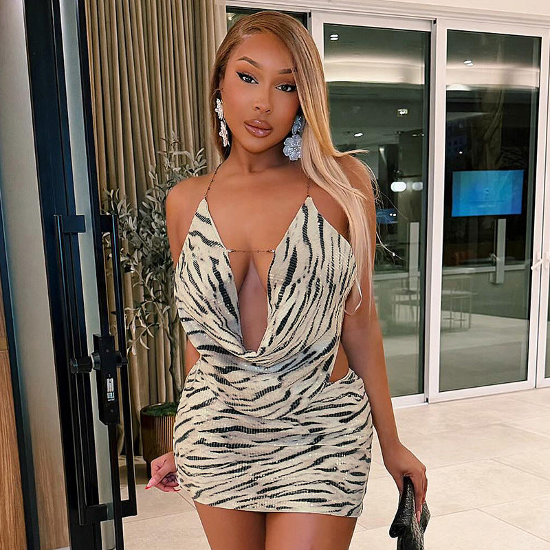 Zebra Pattern Swing Collar Bare Back Top Tight Mid Length Skirt Set