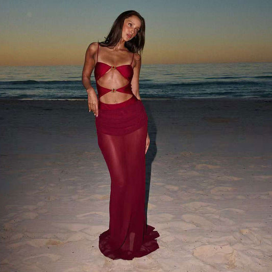 One Piece Swimsuit for Solid Color Hollow Out Cutout out Half Length Tulle Skirt Two Piece Set