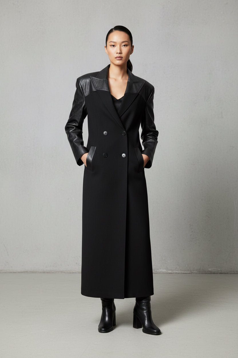 Leather Stitching Plaid Cool Coat Trench Coat