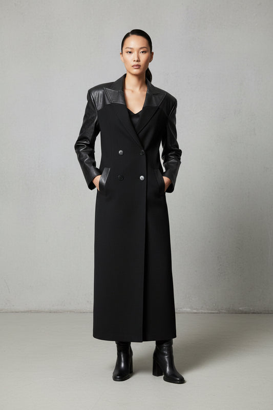 Leather Stitching Plaid Cool Coat Trench Coat