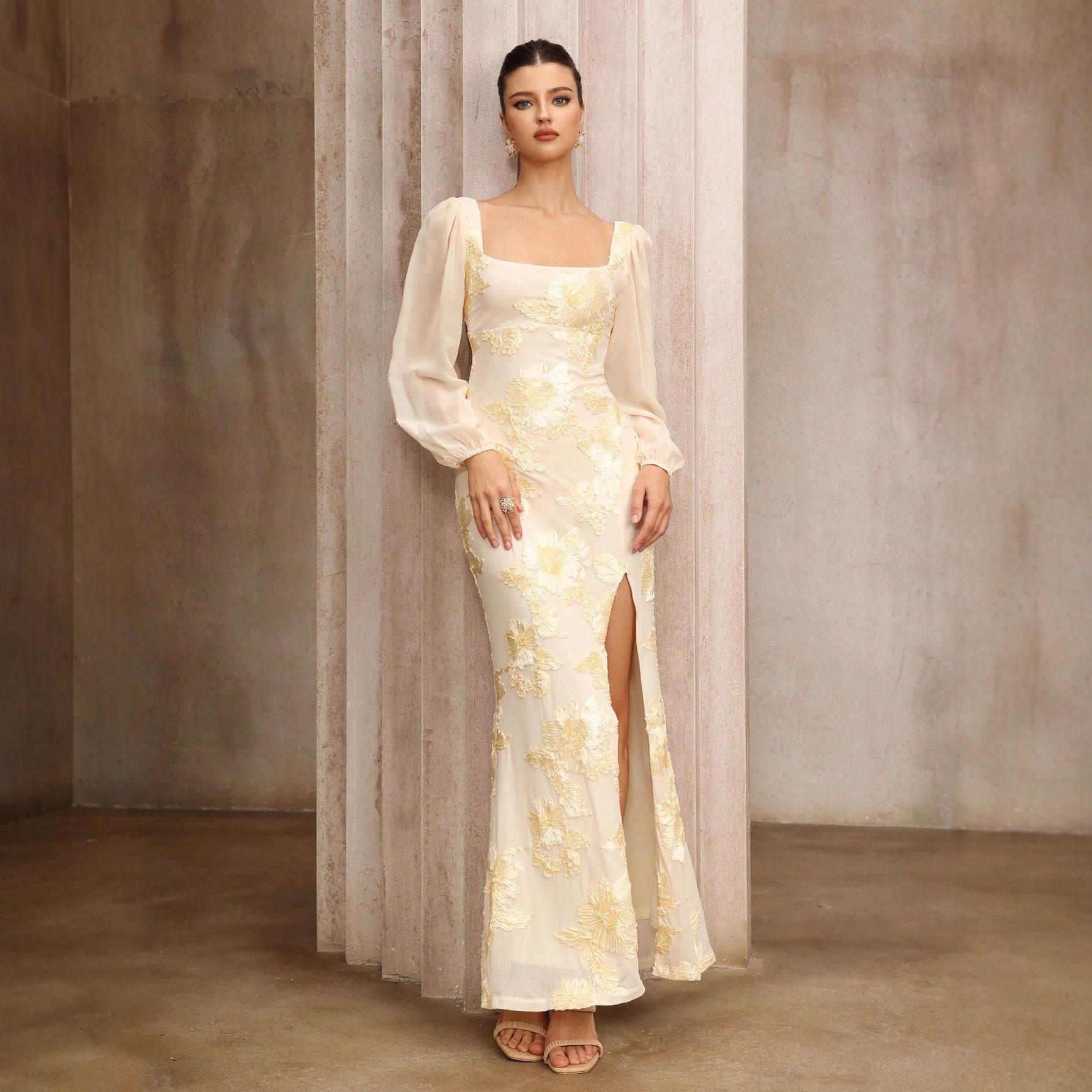 Formal Dress Plate Floral Embroidered Square Collar Slit Cocktail Dress