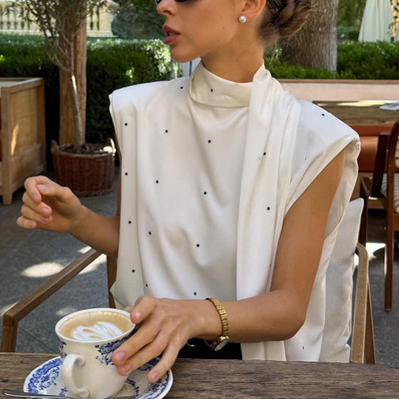 Polka Dot Split Backless Lace up Bow Stand Collar Vest Sleeveless Top