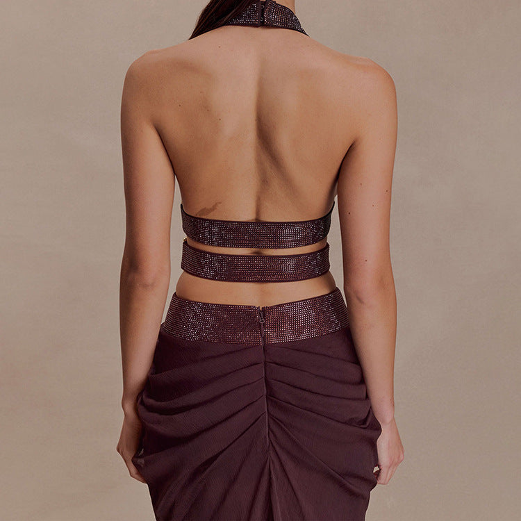 Black Halter Cropped Outfit Pleated Floor Length Dress