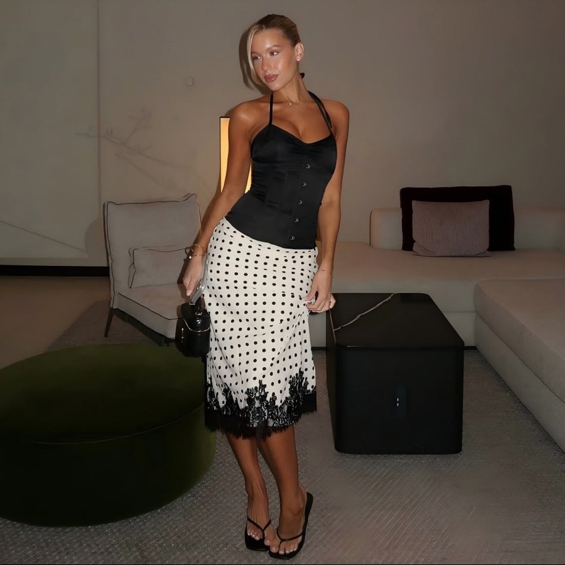 All Match Polka Dot Printed Lace Stitching Midi Skirt