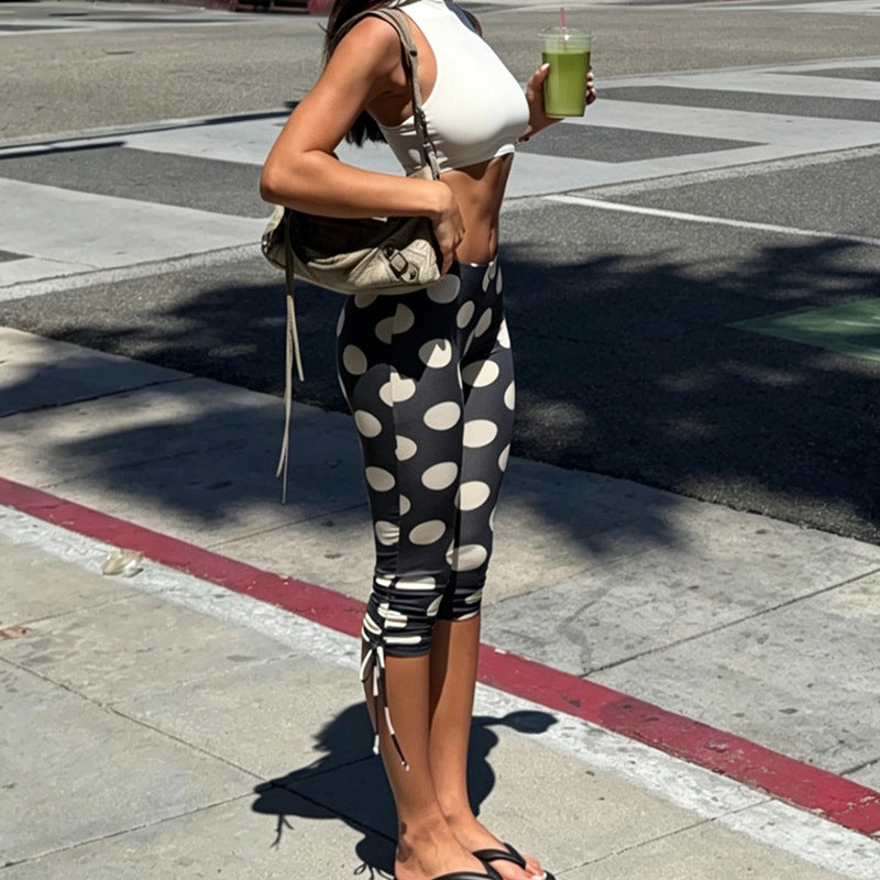 Irregular Asymmetric Polka Dot Print Tight Casual Cropped Pants
