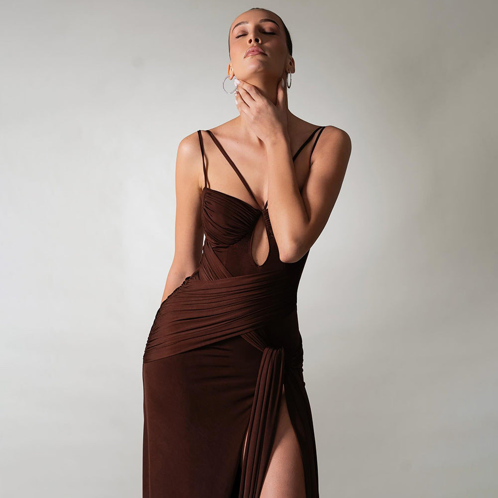 Dress Slim Fit Maxi Dress Backless Brown Pleating