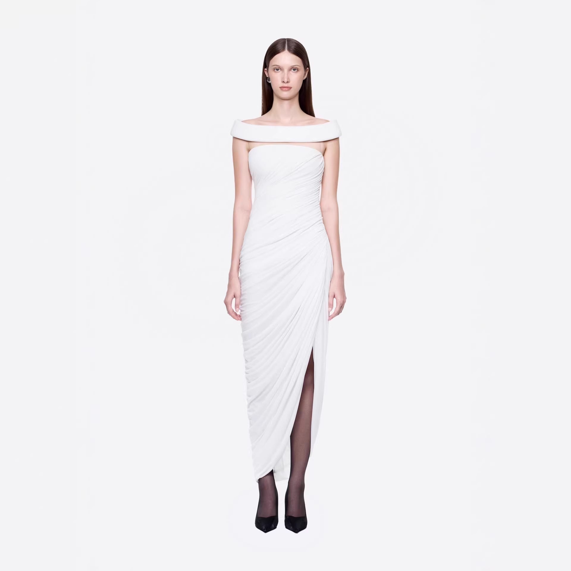 Sexy off the Shoulder Side Slit Draping Effect Pleated Slim Fit Dinner Birthday Party Dress